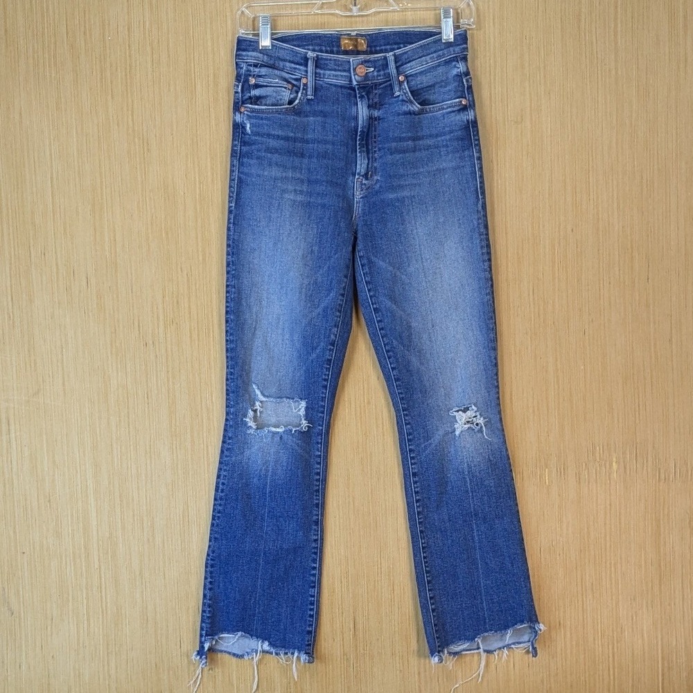 MOTHER The Insider Crop Step Chew Jeans Dancing On Coals Blue Distressed 26